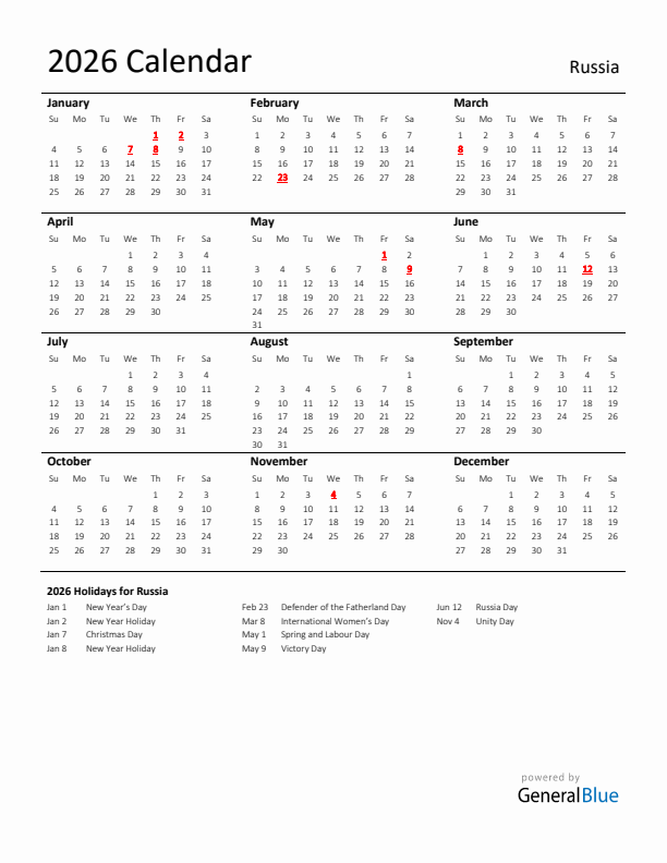 Standard Holiday Calendar for 2026 with Russia Holidays 