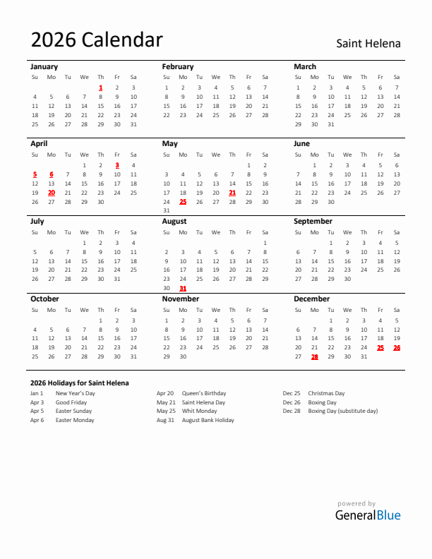 Standard Holiday Calendar for 2026 with Saint Helena Holidays 