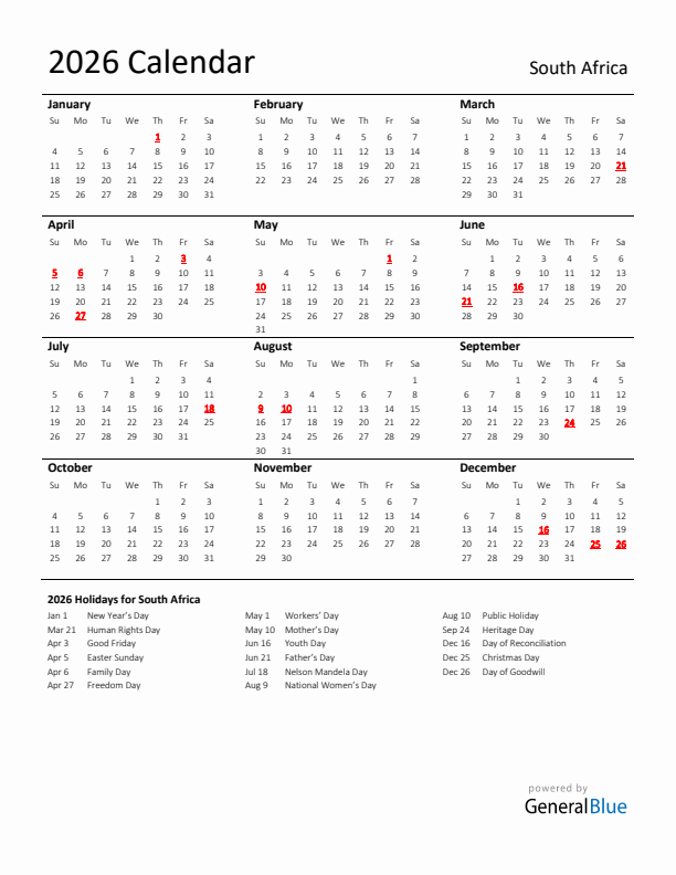 Standard Holiday Calendar for 2026 with South Africa Holidays 