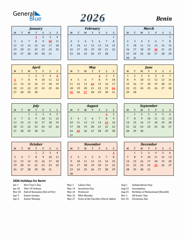 Benin Calendar 2026 with Monday Start