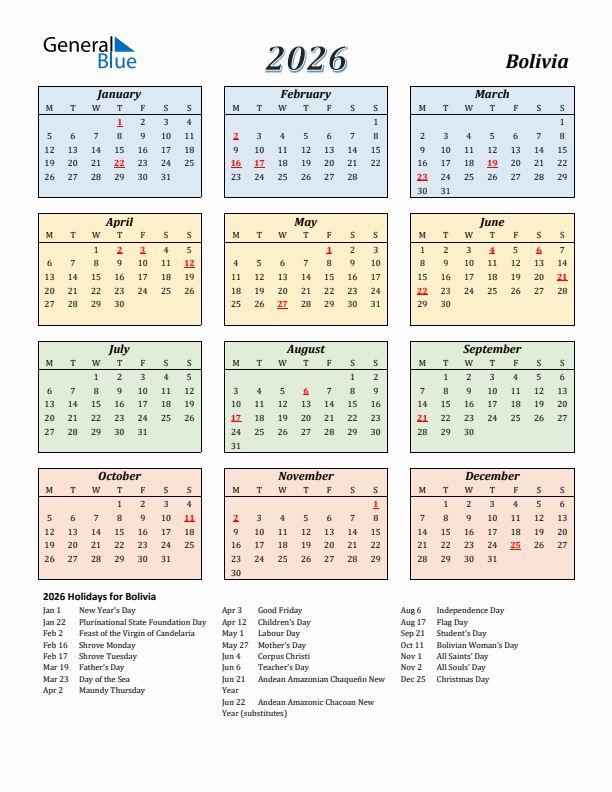 Bolivia Calendar 2026 with Monday Start