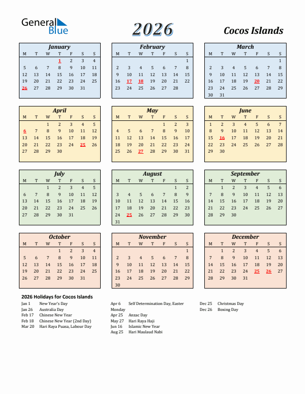 Cocos Islands Calendar 2026 with Monday Start