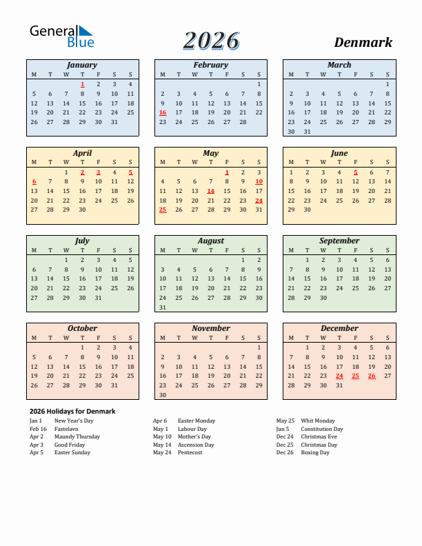 Denmark Calendar 2026 with Monday Start