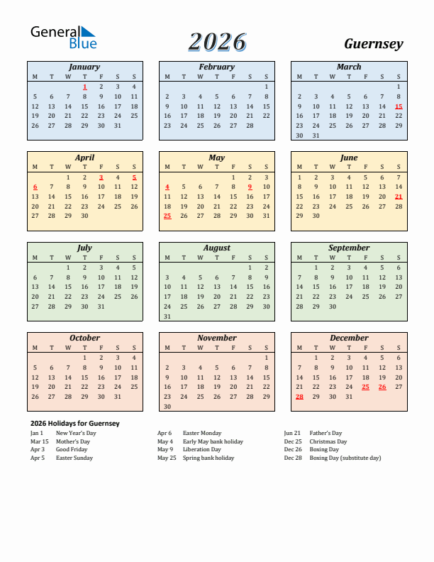 Guernsey Calendar 2026 with Monday Start