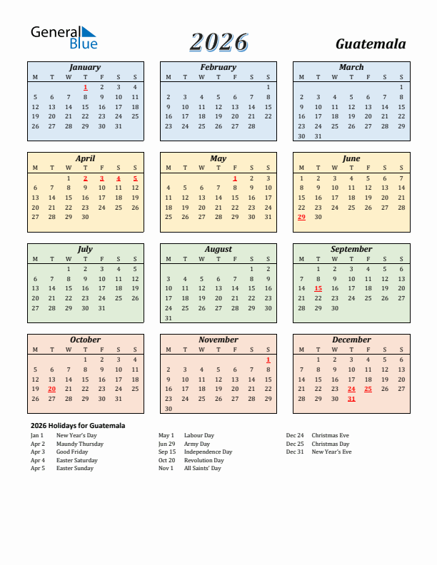 Guatemala Calendar 2026 with Monday Start