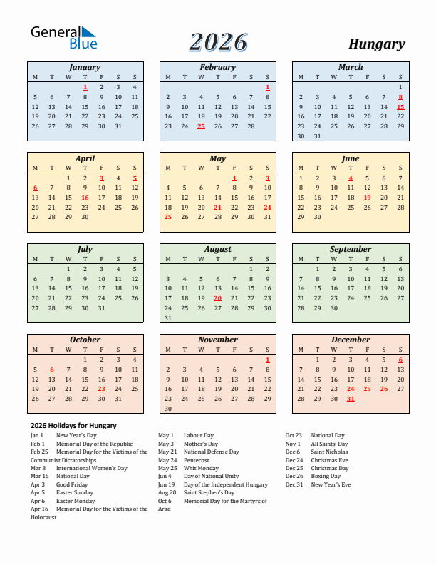 Hungary Calendar 2026 with Monday Start