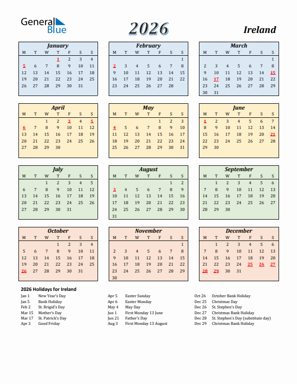 Ireland Calendar 2026 with Monday Start