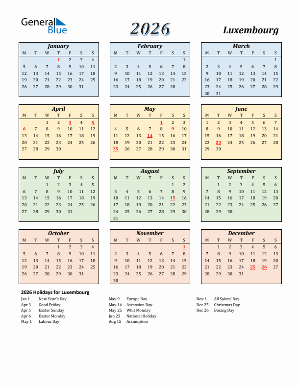 Luxembourg Calendar 2026 with Monday Start