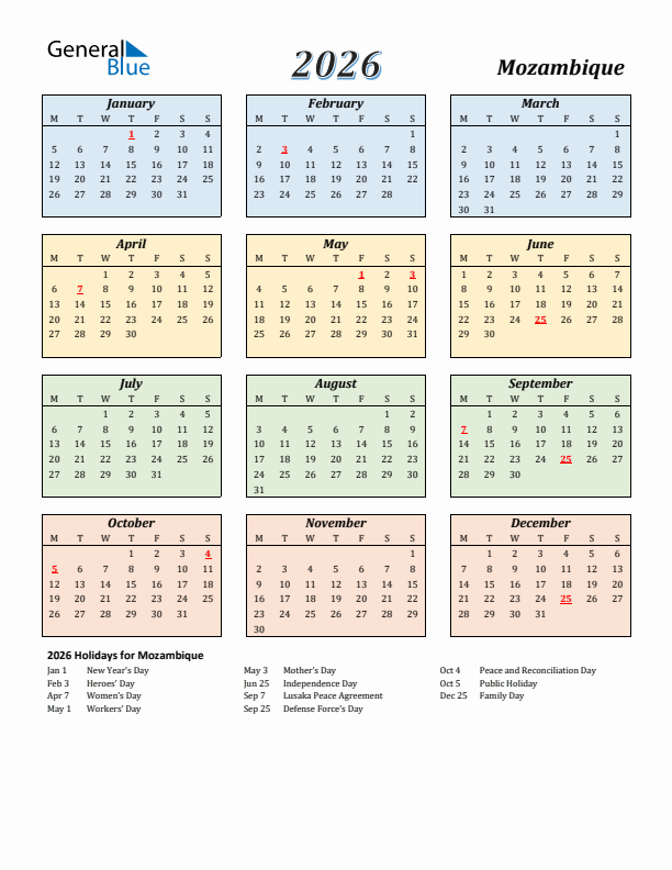 Mozambique Calendar 2026 with Monday Start