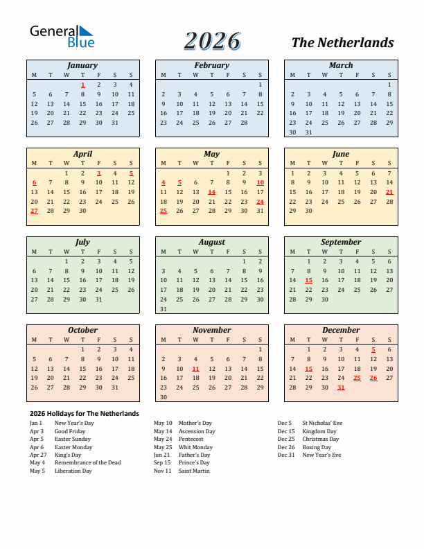 The Netherlands Calendar 2026 with Monday Start