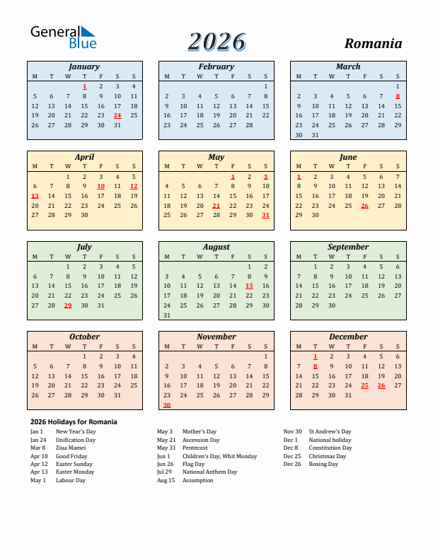 Romania Calendar 2026 with Monday Start