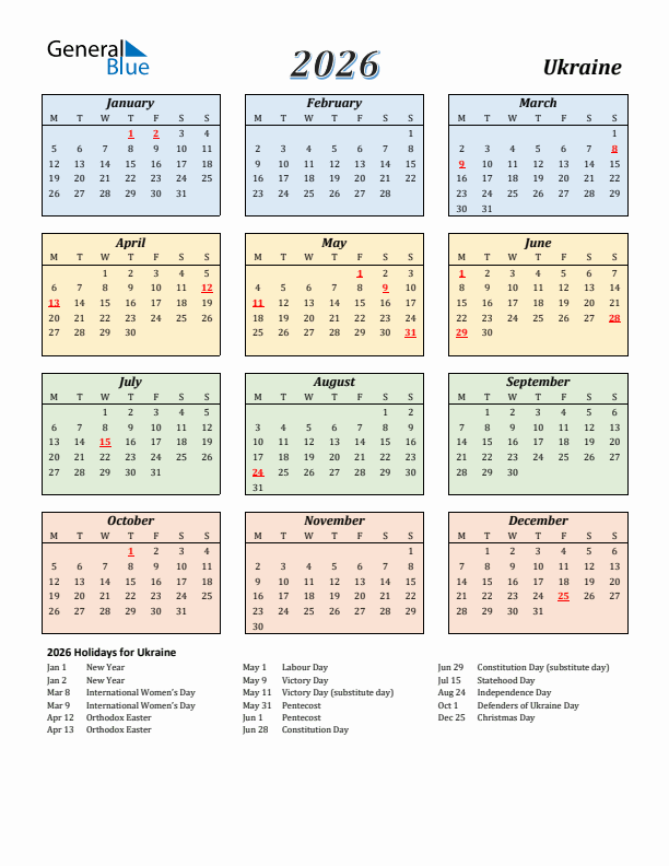 Ukraine Calendar 2026 with Monday Start