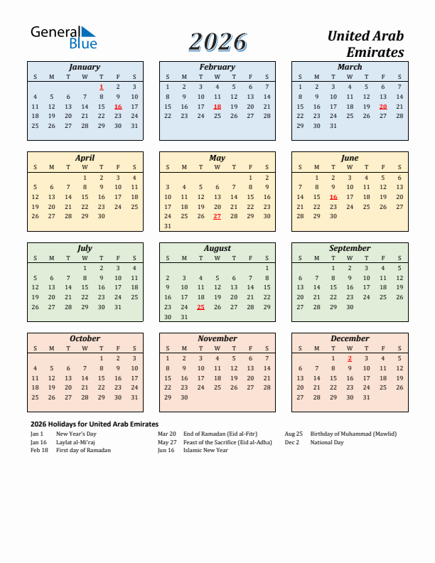 United Arab Emirates Calendar 2026 with Sunday Start