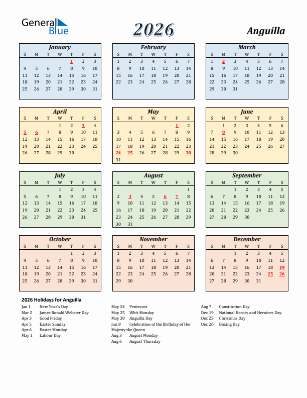 Anguilla Calendar 2026 with Sunday Start