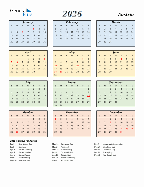 Austria Calendar 2026 with Sunday Start