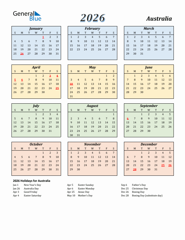 Australia Calendar 2026 with Sunday Start