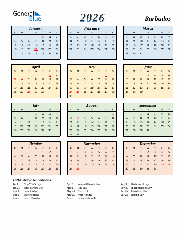 Barbados Calendar 2026 with Sunday Start