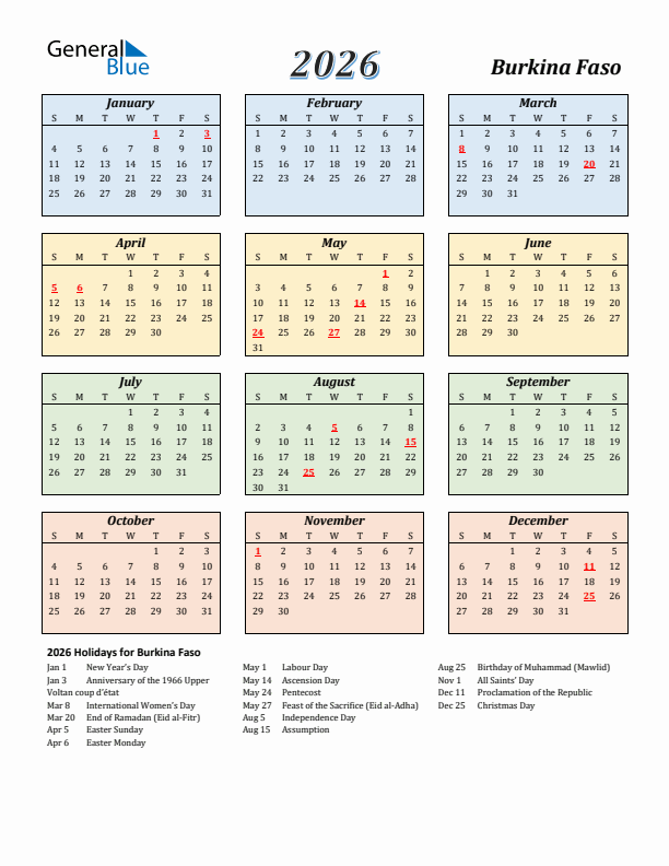 Burkina Faso Calendar 2026 with Sunday Start