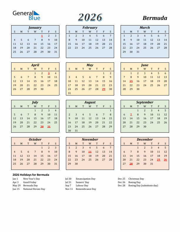 Bermuda Calendar 2026 with Sunday Start