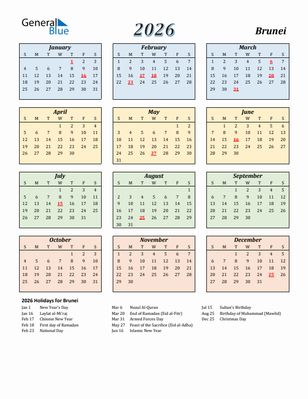 Brunei Calendar 2026 with Sunday Start