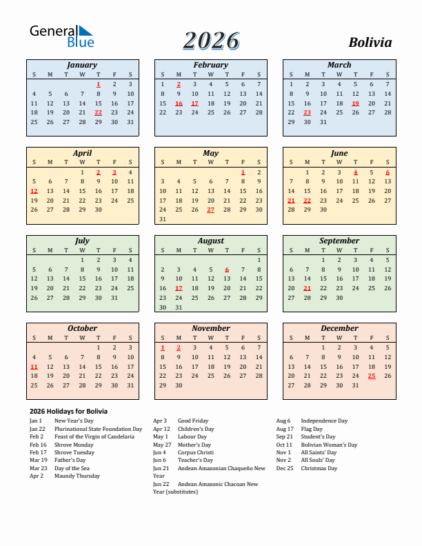 Bolivia Calendar 2026 with Sunday Start