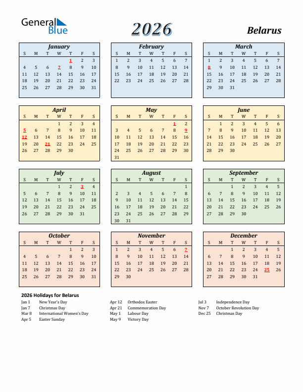 Belarus Calendar 2026 with Sunday Start