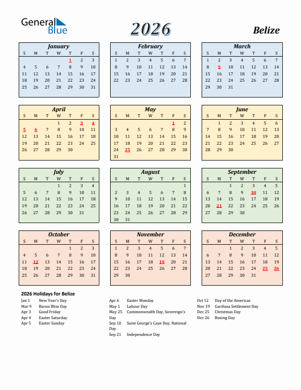 Belize Calendar 2026 with Sunday Start