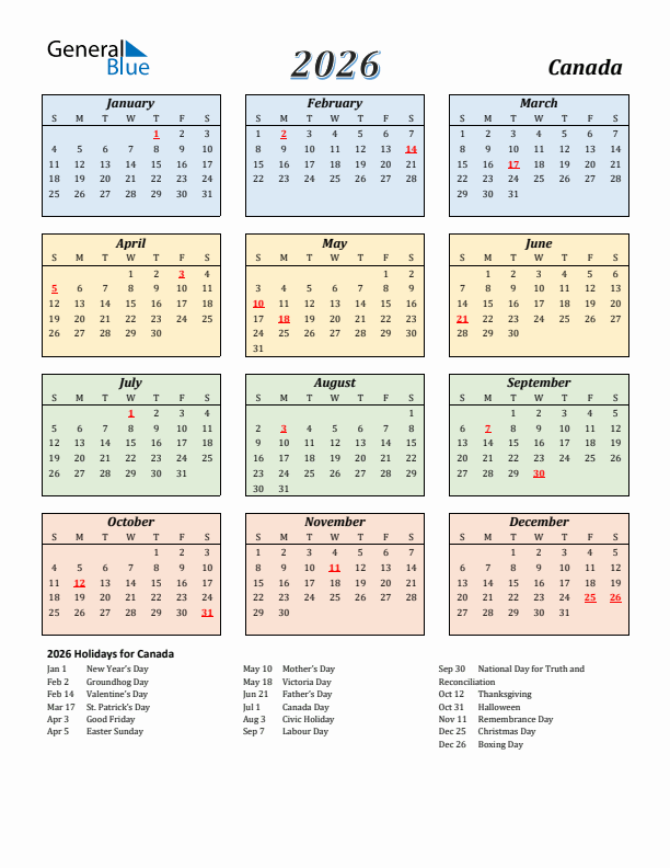 Canada Calendar 2026 with Sunday Start