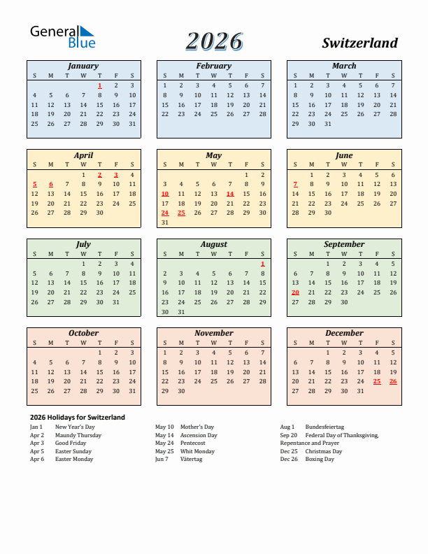 Switzerland Calendar 2026 with Sunday Start