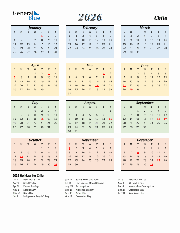 Chile Calendar 2026 with Sunday Start