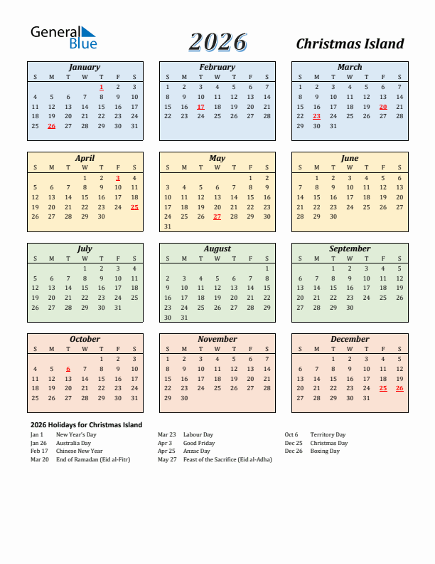 Christmas Island Calendar 2026 with Sunday Start