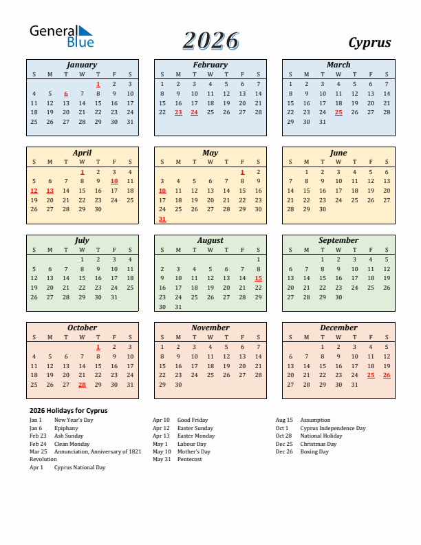 Cyprus Calendar 2026 with Sunday Start