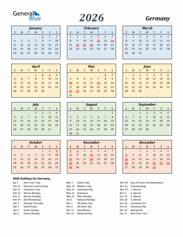 Germany Calendar 2026 with Sunday Start