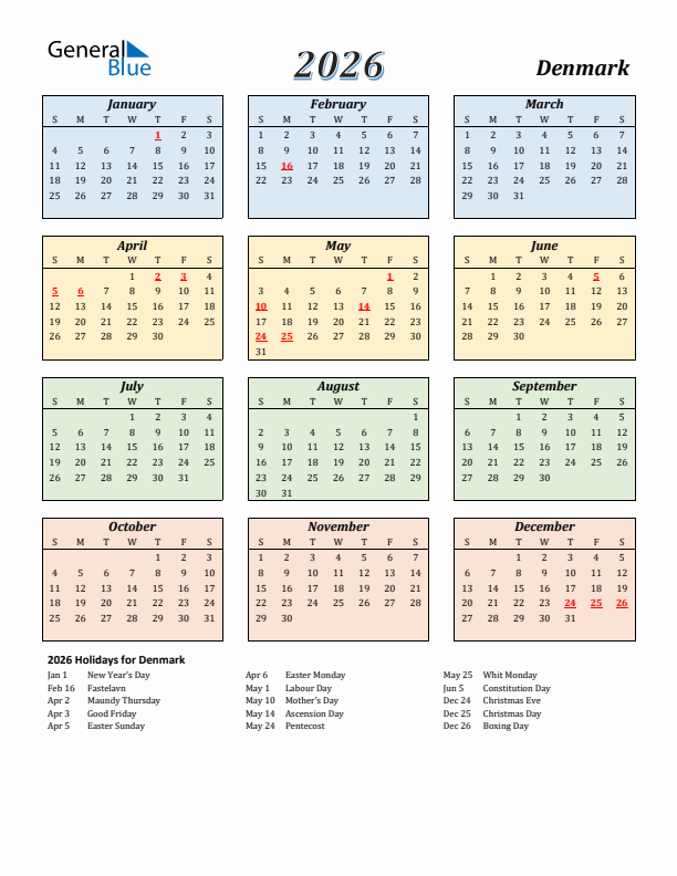 Denmark Calendar 2026 with Sunday Start