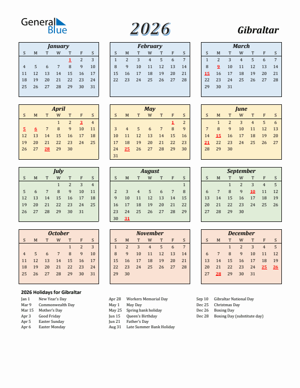 Gibraltar Calendar 2026 with Sunday Start