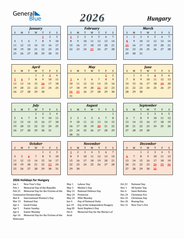 Hungary Calendar 2026 with Sunday Start