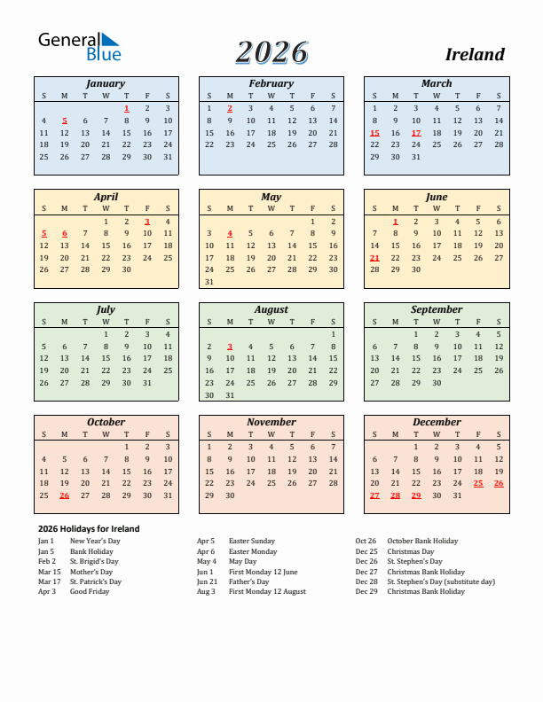 Ireland Calendar 2026 with Sunday Start