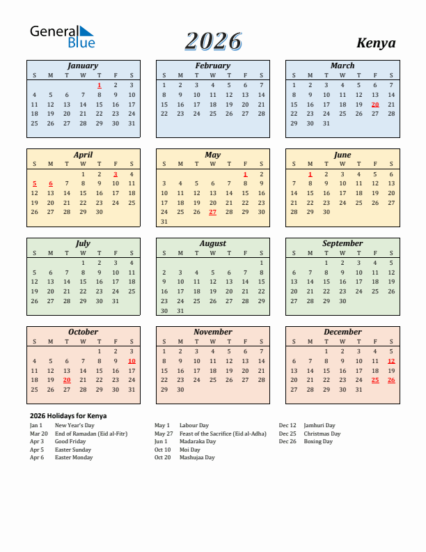 Kenya Calendar 2026 with Sunday Start