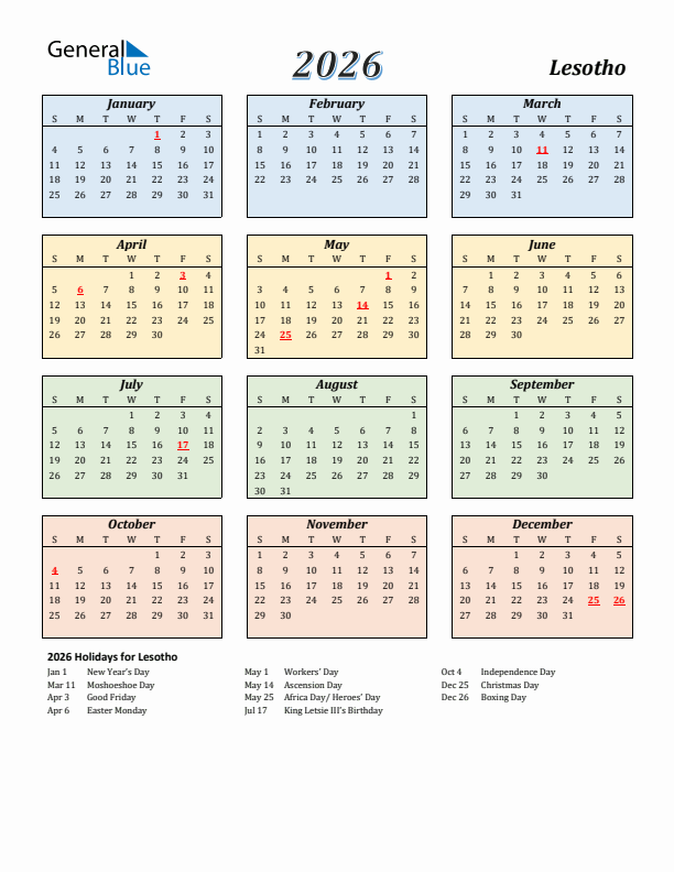 Lesotho Calendar 2026 with Sunday Start