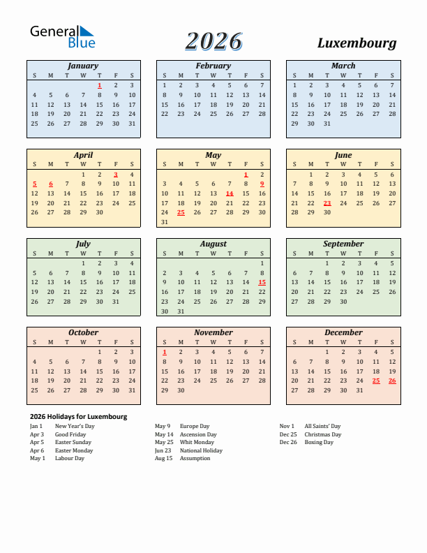 Luxembourg Calendar 2026 with Sunday Start