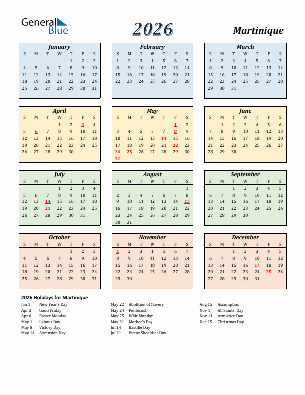 Martinique Calendar 2026 with Sunday Start