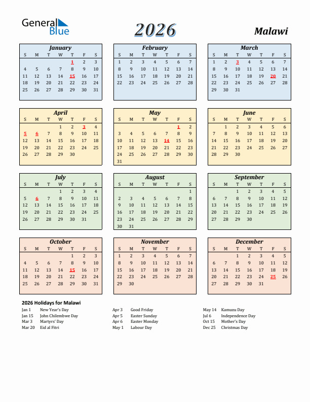 Malawi Calendar 2026 with Sunday Start