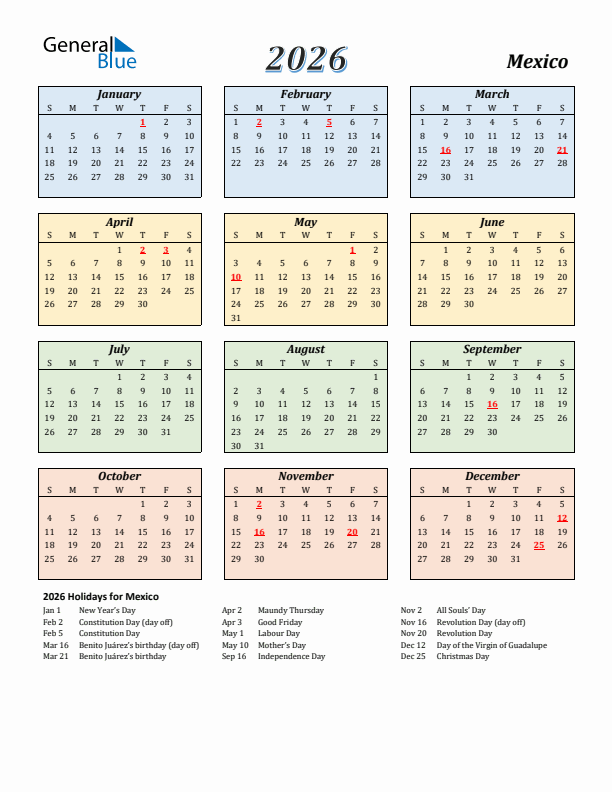 Mexico Calendar 2026 with Sunday Start