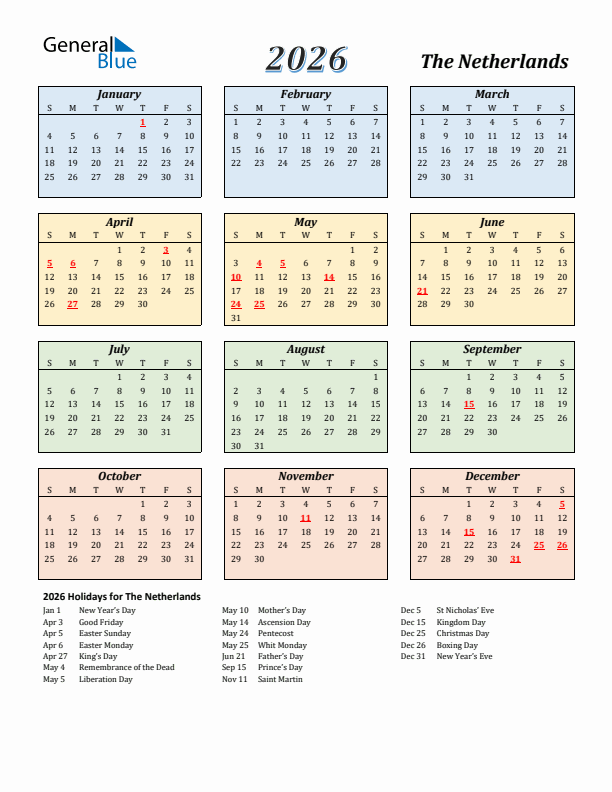 The Netherlands Calendar 2026 with Sunday Start