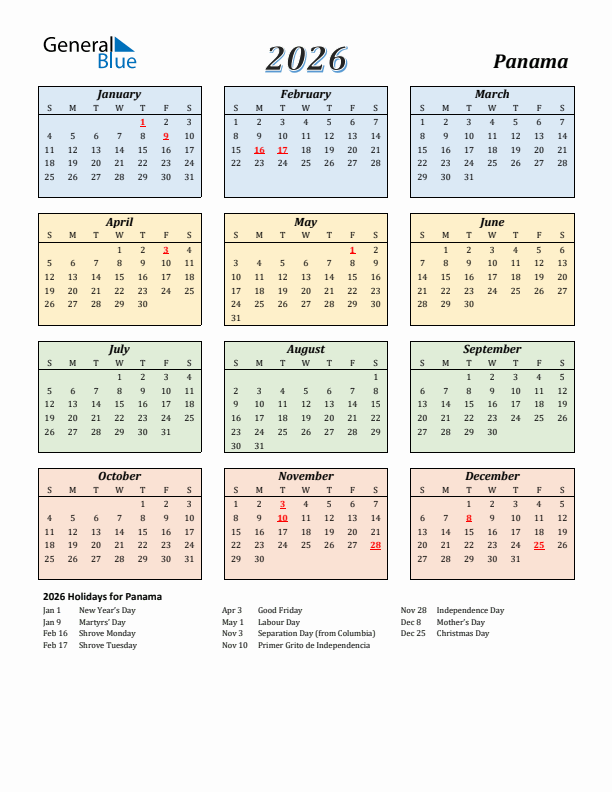 Panama Calendar 2026 with Sunday Start