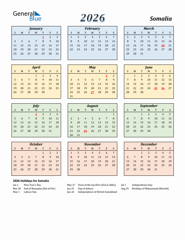 Somalia Calendar 2026 with Sunday Start