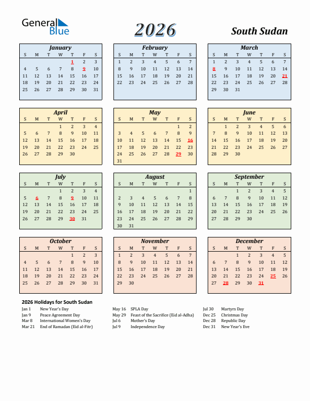 South Sudan Calendar 2026 with Sunday Start