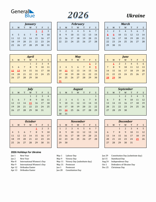 Ukraine Calendar 2026 with Sunday Start