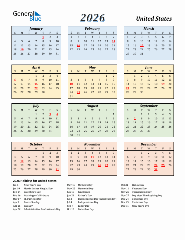 United States Calendar 2026 with Sunday Start