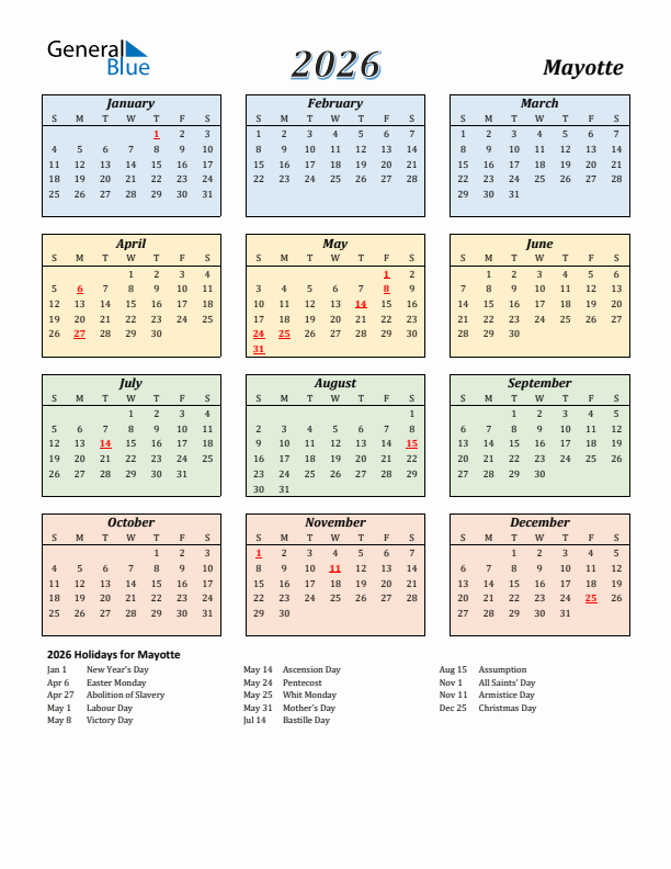 Mayotte Calendar 2026 with Sunday Start